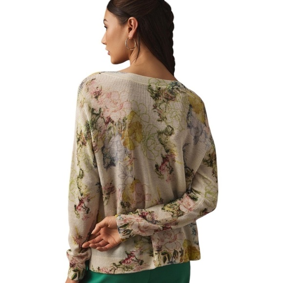 By Anthropologie Printed V Neck Sweater Linen Blend Abstract Floral NWOT - Picture 3 of 12